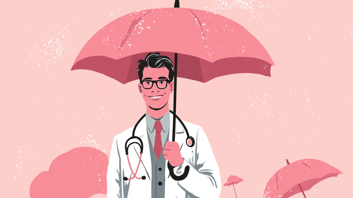 Smiling doctor holding a pink umbrella, symbolizing protection and benefits
