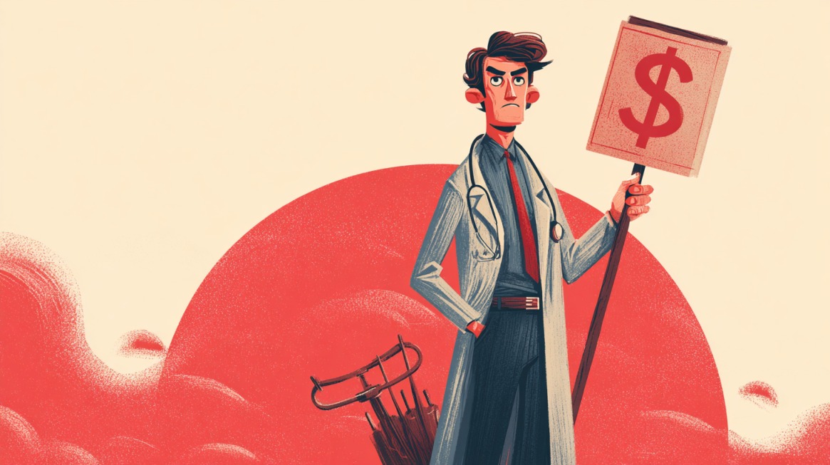 Illustration of a serious-looking doctor holding a sign with a dollar symbol