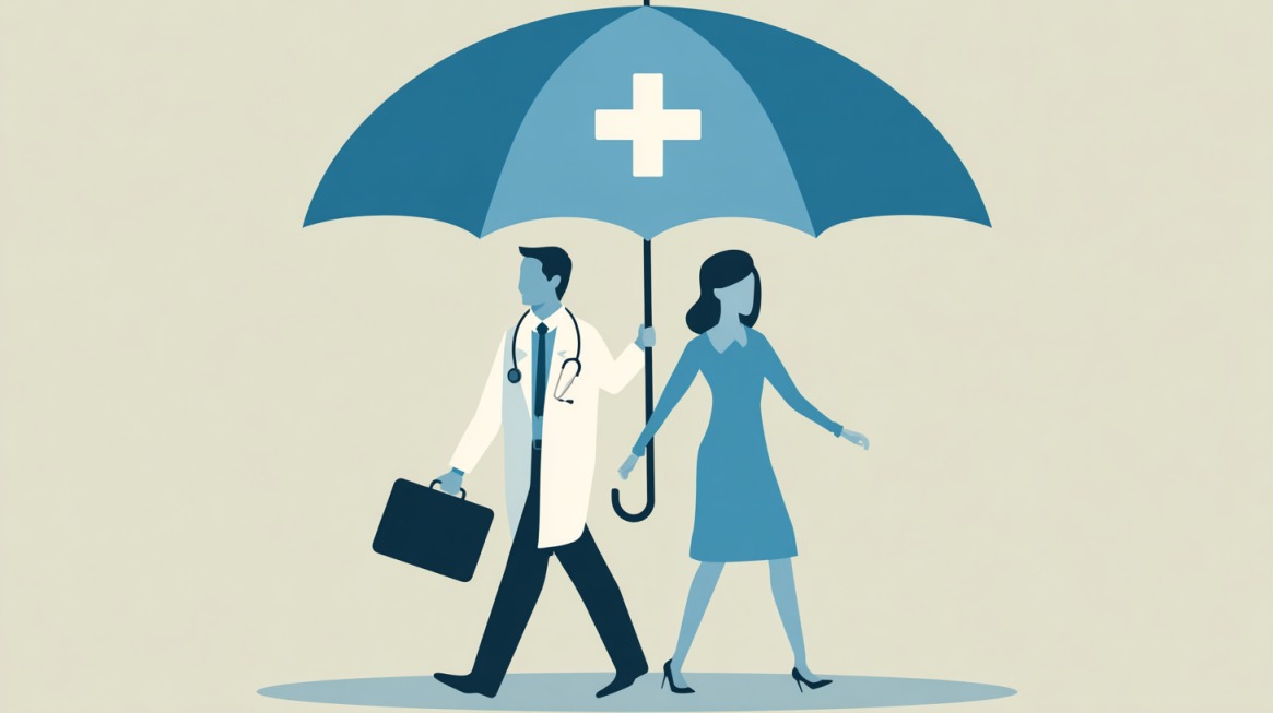Illustration of a doctor and a woman walking under a large medical umbrella