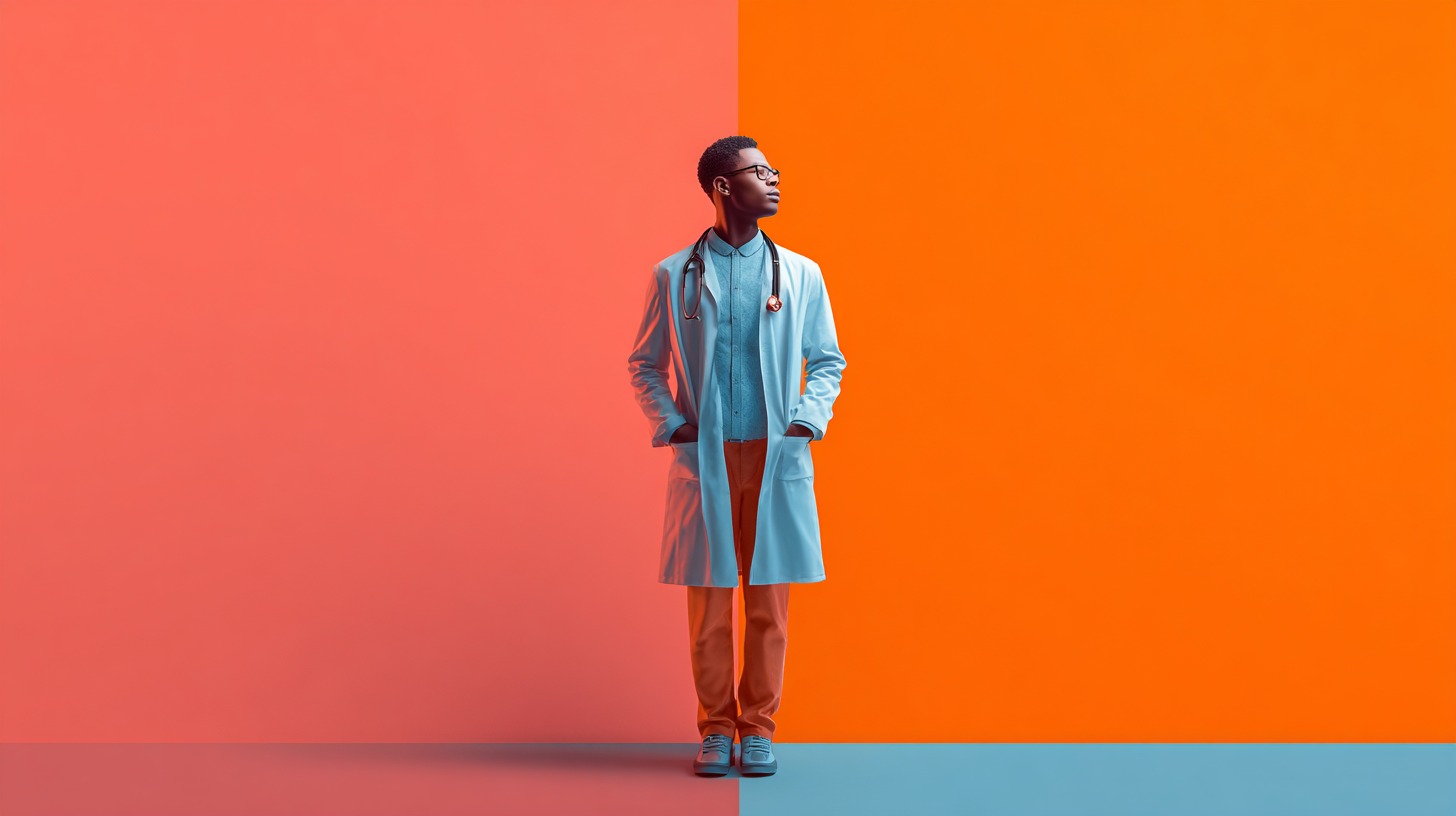 Doctor standing against a split red and orange background, symbolizing decision-making
