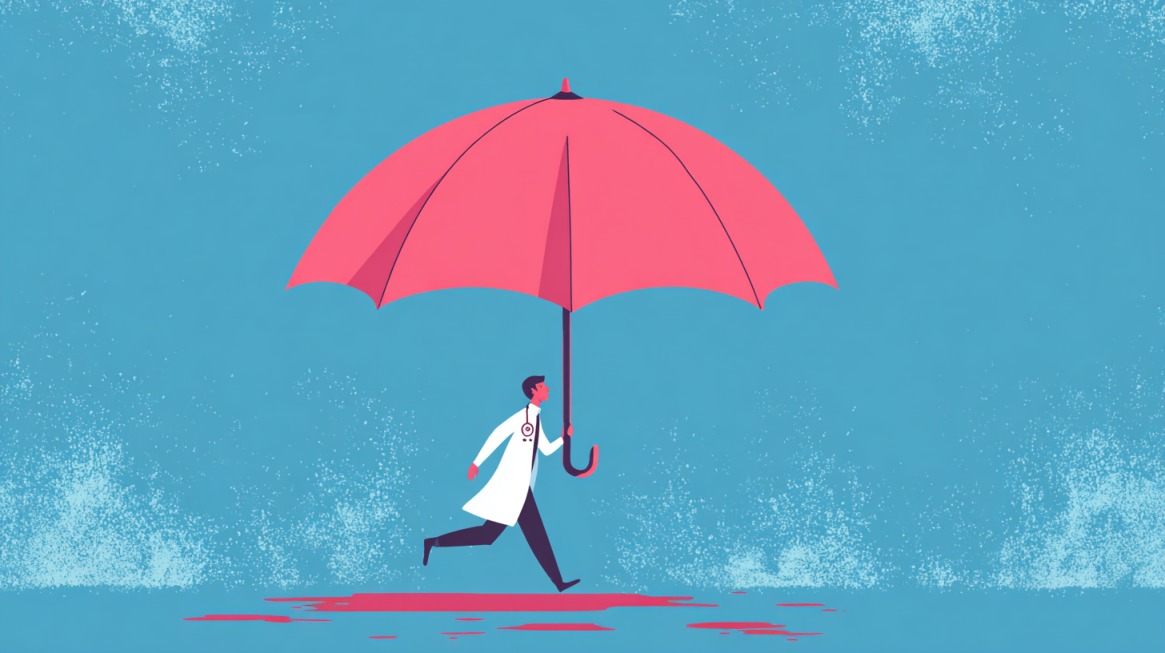 Illustration of a doctor holding a large umbrella for protection