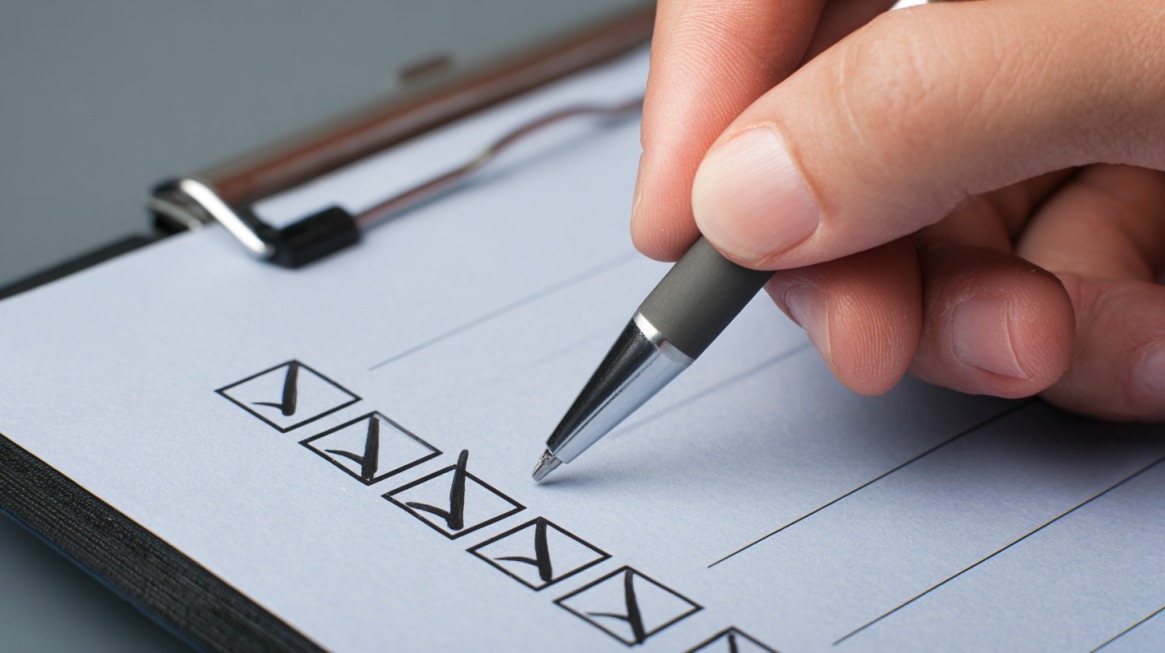 Close-up of a hand holding a pen and marking checkboxes on a checklist form