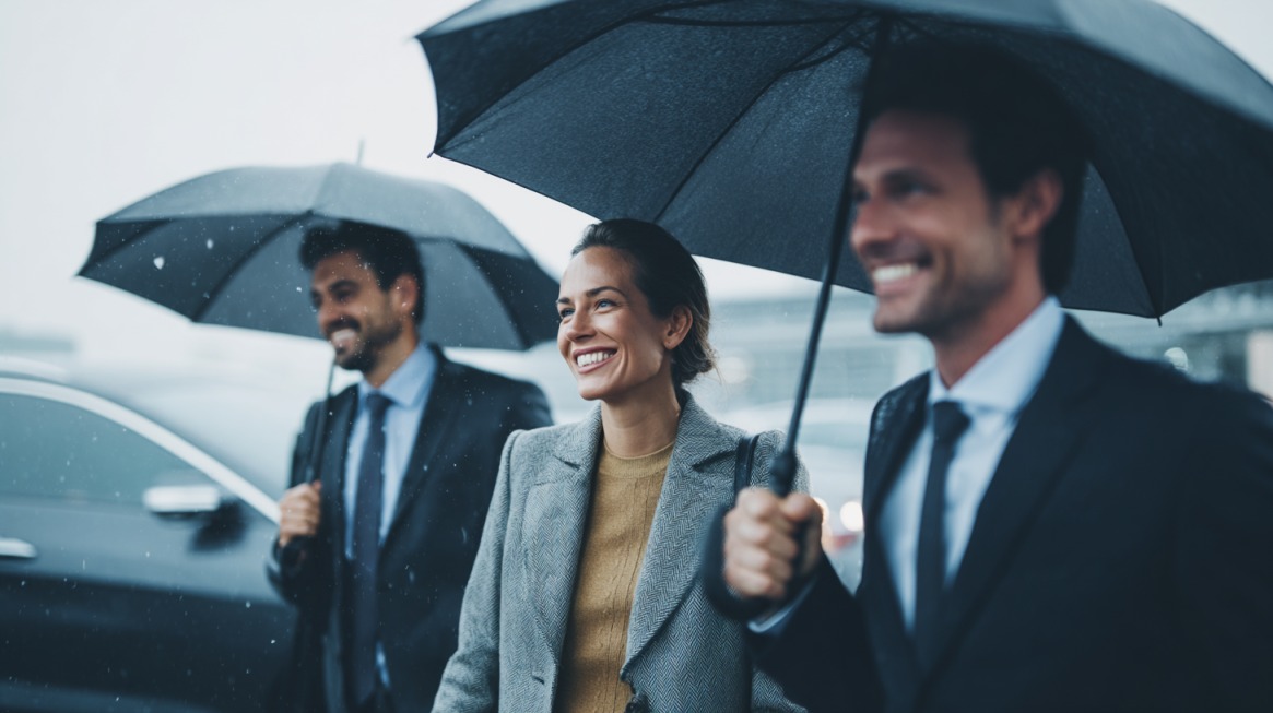 Group of smiling business professionals walking under umbrellas on a rainy day