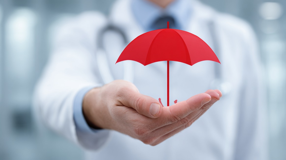 Doctor holding a small red umbrella symbolizing insurance coverage and protection