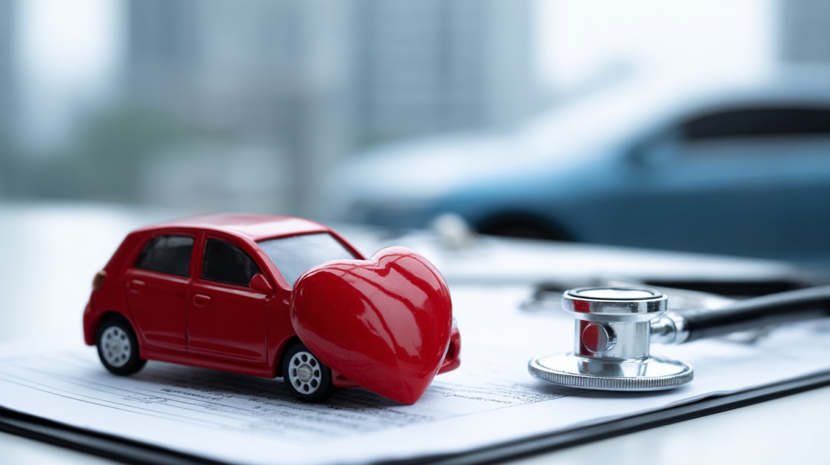 Red toy car with a red heart and stethoscope on insurance documents