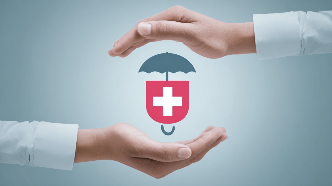 Two hands framing a health insurance icon with a shield, umbrella, and medical cross